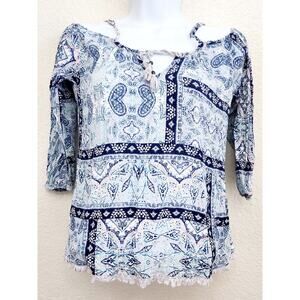 Bethany Mota Blue Pink Paisley Print Cold Shoulder Top XS Lightweight Soft